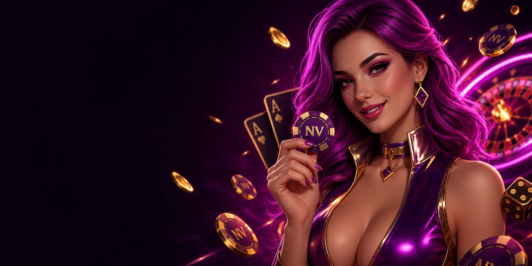 Glamorous casino hostess with neon hair, holding branded chips, in luxury NV Casino banner.