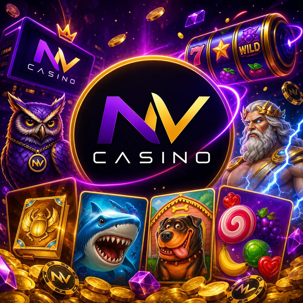 Promotional image for NV Casino featuring the official logo, purple-magenta neon, gold accents, and slot visual elements.