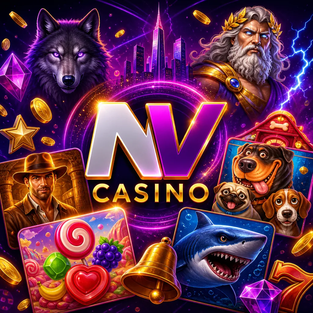 NV Casino promo image featuring official logo with purple-magenta neon and gold accents, slot and card visuals.